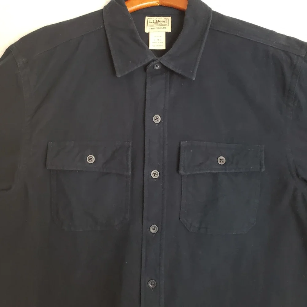 L.L.Bean Mens‎ Traditional Fit Heavy Flannel Button Up Shirt Size L Navy Cotton